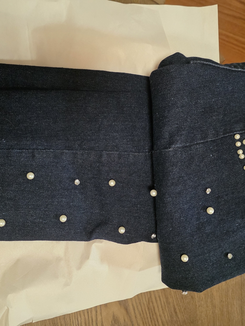Dark Denim-Style Leggings with Pearl & Rhinestone Details